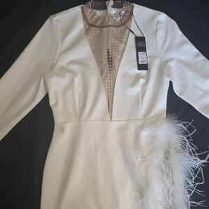 Fashion Nova Cream Long Sleeve Dress with Feather Accent